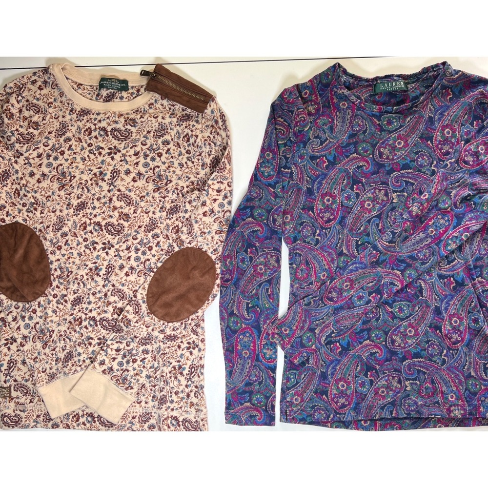Ralph Lauren‎ Lot of 2 Paisley Long Sleeve Tops Shirt Women M Petite Elbow Patch